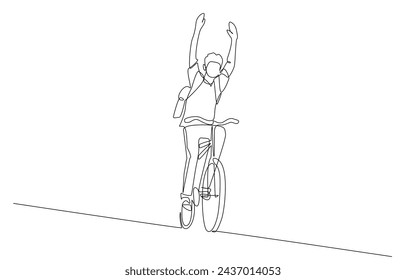 Dibujo continuo de una línea de estudiante montando bicicleta sin manos, arte de una sola línea.