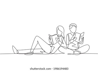 Continuous one line drawing students woman   man reading together  learning   sitting at park  Literature fans lovers  education concept  Single line draw design vector graphic illustration