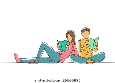 Continuous one line drawing students woman   man reading together  learning   sitting at park  Literature fans lovers  education concept  Single line draw design vector graphic illustration