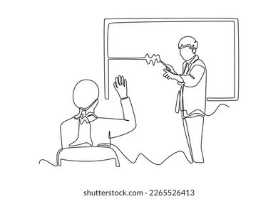 Los estudiantes de dibujo continuo de una línea preguntan al profesor en clase. Concepto de clase en acción. Ilustración gráfica vectorial de diseño de líneas simples.