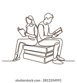 Continuous one line drawing students woman and man reading together. Hand drawn style illustration for education concept. simple modern drwaing.sitting on a large pile of books.