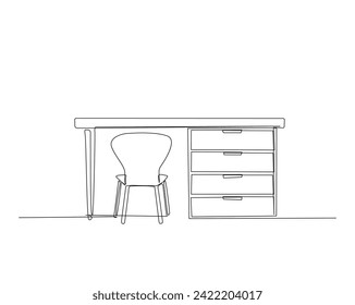 Continuous one line drawing of study desk or office desk. Desk single outline vector illustration. Interior and furniture concept, editable stroke.