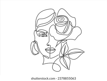 Continuous one line drawing. Style templates with abstract female face and rose. Modern minimalist simple linear style. Beauty fashion design