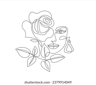 Dibujo continuo de una línea. Plantillas de estilo con la cara femenina abstracta y rosa. Moderno estilo minimalista simple lineal. Diseño de moda de belleza