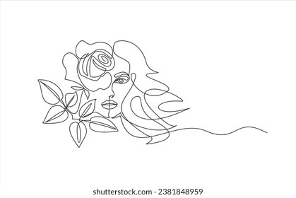 Dibujo continuo de una línea. Plantillas de estilo con la cara femenina abstracta y rosa. Moderno estilo minimalista simple lineal. Diseño de moda de belleza