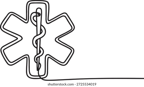 Arte continuo de estilo de dibujo de una línea para el símbolo médico de la estrella de la vida con personal caduco. Emblema de servicios médicos de emergencia en una sola línea de arte. Diseño simple para atención médica, primeros auxilios y concepto de ambulancia. Ilustración vectorial minimalista sobre fondo transparente.