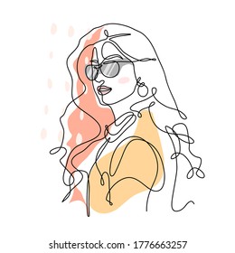 Continuous one line drawing of a stylish girl wearing sunglasses isolated on abstract background, hand drawn vector continuous one line art drawing of a beautiful woman