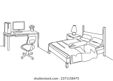 Continuous one line drawing stylish bedroom with full furniture modern. Spacious modern design. Equipped with a computer for technology needs. Cozy room. Single line draw design vector illustration