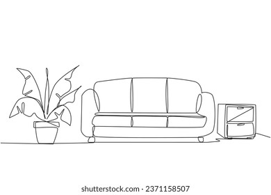 Continuous one line drawing stylish living room with full furniture modern. Comfortable waiting room with comfortable sofa. Design modern minimalist. Cozy. Single line draw design vector illustration