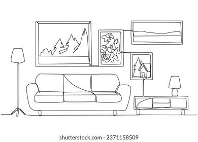 Continuous one line drawing stylish family room with three soft seat sofa. Scandinavian interior design with wood as the main material for furniture. Cozy. Single line draw design vector illustration