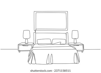 Continuous one line drawing stylish room with full furniture modern. A room layout resembling a hotel with a spring bed flanked by two drawers. Staycation. Single line draw design vector illustration