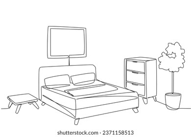 Continuous one line drawing stylish room with full furniture modern. Spring bed and pillow make more comfortable. Room where can rest to relieve fatigue. Single line draw design vector illustration