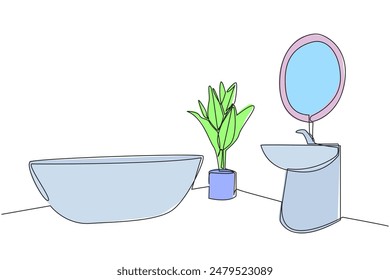 Continuous one line drawing stylish bathroom with furniture modern. There is a mini bathtub and sink that are parallel. Simple bathroom furniture layout. Single line draw design vector illustration