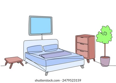 Habitación elegante de diseño de una línea continua con muebles completos modernos. Cama de primavera y almohada hacen más cómodo. Habitación donde descansar para aliviar la fatiga. Ilustración vectorial de diseño de dibujo de una sola línea