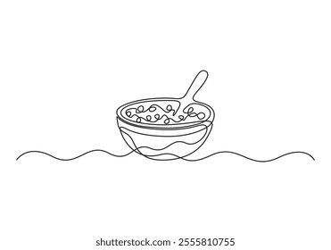 Continuous one line drawing of stylized bowl of cereal breakfast with fresh milk. Healthy whole wheat food concept. Cereal bowl in one line drawing. Breakfast with milk, healthy food concept. Vector i