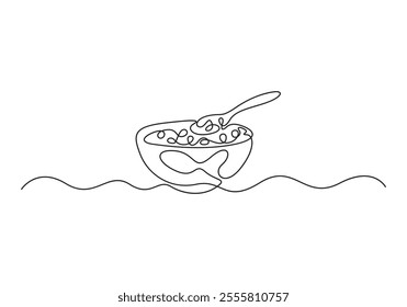 Continuous one line drawing of stylized bowl of cereal breakfast with fresh milk. Healthy whole wheat food concept. Cereal bowl in one line drawing. Breakfast with milk, healthy food concept. Vector i