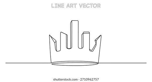 Dibujo continuo de una línea de una corona real estilizada que representa liderazgo y lujo