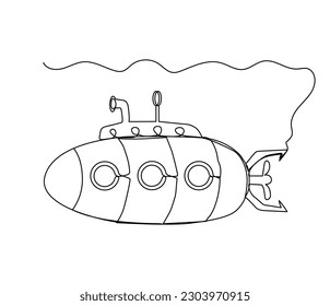 Continuous one line drawing of submarine under water. Simple vector illustration