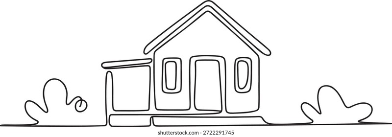 Dibujo continuo de una línea de construcción de viviendas suburbanas con paisaje. Ilustración vectorial de contorno arquitectónico simple de casa de campo y arbustos de jardín. Diseño mínimo para la empresa de construcción de la agencia inmobiliaria y seguro de propiedad.