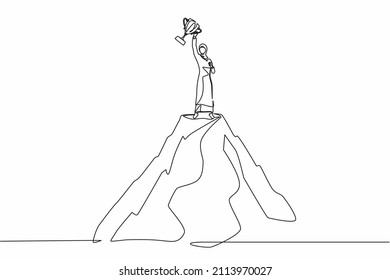 Continuous one line drawing success on top. Arab businesswoman on top of mountain holding trophy in raised hands. Winner, happiness, reaching goal. Single line draw design vector graphic illustration