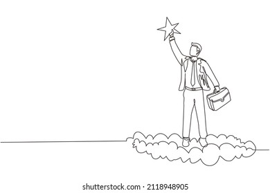 Continuous One Line Drawing Success Businessman Reaching And Grab Precious Star. Business Champion Succeed To Get Reward, Winning Star Employee, Career Path, Dream Job. Single Line Draw Design Vector