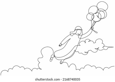 Kontinuierlicher Zeichnungserfolg Arabianer Geschäftsmann mit Ballon fliegen. Glücklicher Büroangestellter erreicht finanzielle Unabhängigkeit. Geschäftsmetapher. Vektorgrafik-Illustration mit Einzelzeilenzeichnung