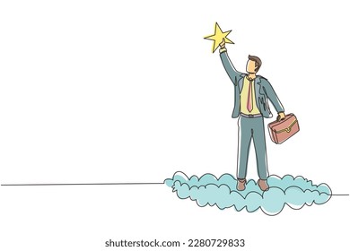 Kontinuierlicher Zeichenerfolg für eine Linie Geschäftsmann erreicht und ergreift wertvolle Stern. Business-Champion gelingt es, Belohnung zu erhalten, Sieger-Star-Mitarbeiter, Karriereweg, Traumjob. Einzeilige Zeichentechnik
