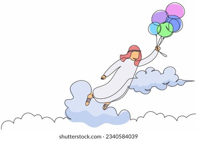 Continuous one line drawing success Arabian businessman flying with balloon. Happy office worker achieve financial independence. Business metaphor. Single line draw design vector graphic illustration