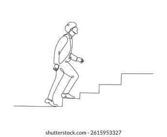 Continuous one line drawing of success business man walk on stair.  Business concept growth and the progress to success illustration. Editable vector. 