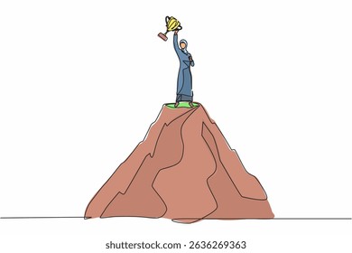Continuous one line drawing success on top. Arab businesswoman on top of mountain holding trophy in raised hands. Winner, happiness, reaching goal. Single line draw design vector graphic illustration