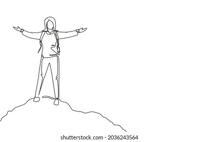 Continuous one line drawing successful climber woman stands with arms outstretched on top of mountains. Female raised her hands up in joy. Achieving success. Girl power. Single line draw design vector