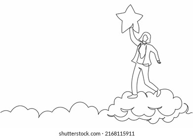 Continuous one line drawing successful businesswoman reaching precious star. Business succeed reward, winning star employee, career path, dream job. Single line draw design vector graphic illustration