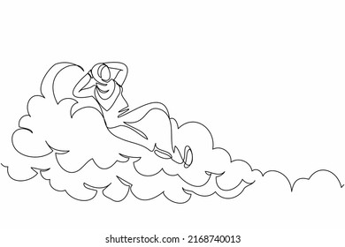 Continuous one line drawing successful Arabian businesswoman relaxing laying on clouds. Resting office manager enjoy free time, vacation, holiday. Single line draw design vector graphic illustration