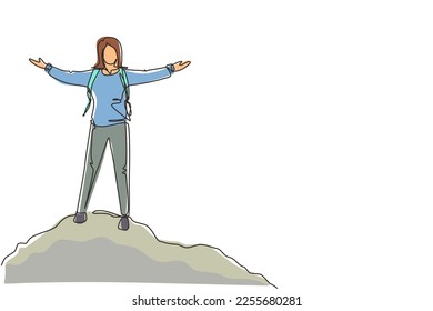 Continuous one line drawing successful climber woman stands with arms outstretched on top of mountains. Female raised her hands up in joy. Achieving success. Girl power. Single line draw design vector