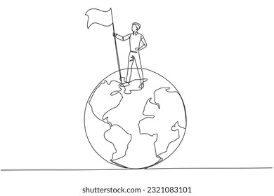 Continuous one line drawing of successful businessman standing on giant globe holding flag. Businessman celebrating victory. Metaphor of conquering the world. Single line draw vector illustration