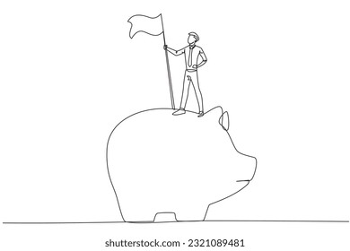Continuous one line drawing of successful businessman standing on giant piggy bank holding flag. Making investments during the corona pandemic to keep the business survive. Single line draw design