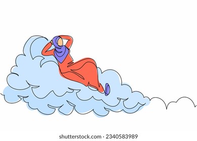 Continuous one line drawing successful Arabian businesswoman relaxing laying on clouds. Resting office manager enjoy free time, vacation, holiday. Single line draw design vector graphic illustration