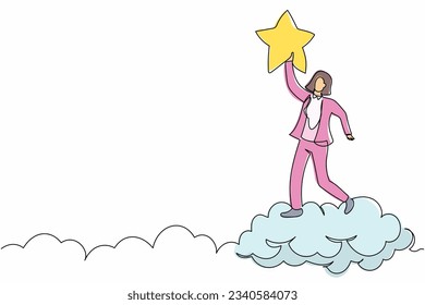 Continuous one line drawing successful businesswoman reaching precious star. Business succeed reward, winning star employee, career path, dream job. Single line draw design vector graphic illustration