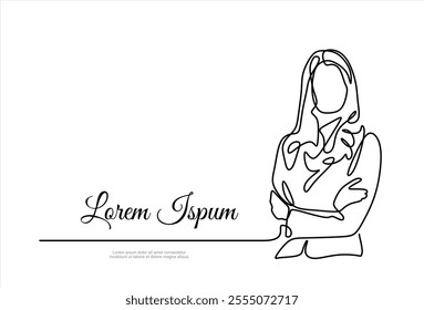 Continuous one line drawing of successful business woman with crossed arms, hand drawn style vector illustration	