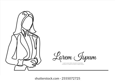 Continuous one line drawing of successful business woman with crossed arms, hand drawn style vector illustration	