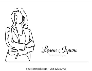 Continuous one line drawing of successful business woman with crossed arms, hand drawn style vector illustration	