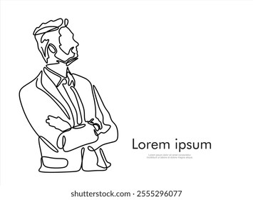 Continuous one line drawing of successful businessman with crossed arms, hand drawn style vector illustration	