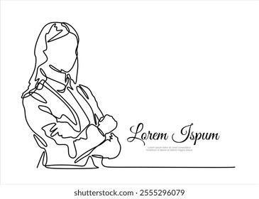 Continuous one line drawing of successful business woman with crossed arms, hand drawn style vector illustration	