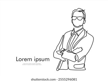 Continuous one line drawing of successful businessman with crossed arms, hand drawn style vector illustration	