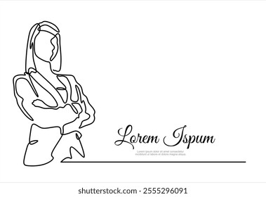 Continuous one line drawing of successful business woman with crossed arms, hand drawn style vector illustration	