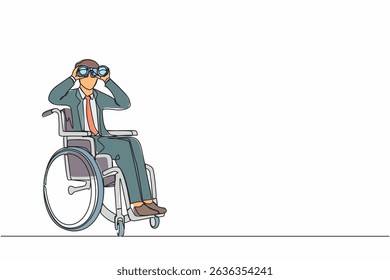 Continuous one line drawing successful businessman in wheelchair with binocular looks for new ideas, solutions, and decisions. Discover opportunities concept. Single line draw design vector graphic
