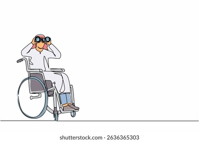 Continuous one line drawing successful Arab businessman in wheelchair with binocular looks for new ideas, solutions, decisions. Discover opportunities concept. Single line draw design vector graphic