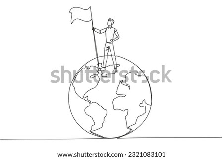 Continuous one line drawing of successful businessman standing on giant globe holding flag. Businessman celebrating victory. Metaphor of conquering the world. Single line draw vector illustration