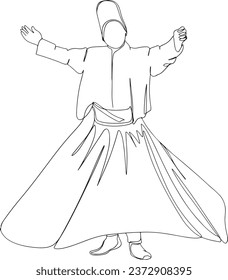 Dibujo continuo de una línea: Ilustración de vectores de bailarina sufi, danza tradicional de Sema: Dervish Line Art, Islamic Whirling Dervish: Bailante Sufi de dibujo de una línea