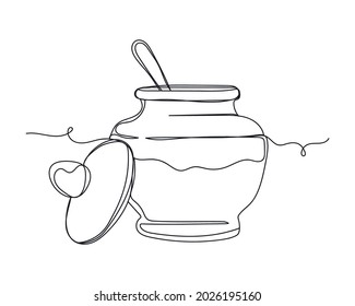 Continuous one line drawing of sugar or salt or soda bowl with spoon in silhouette on a white background. Linear stylized.Minimalist.